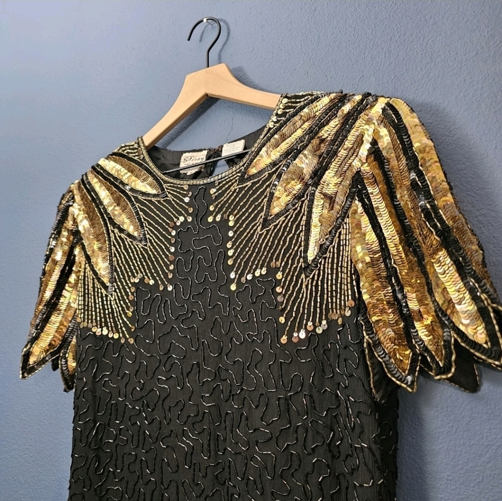 Vintage Black Dress with Gold Sequin Shoulder Detail - Picture 3 of 12
